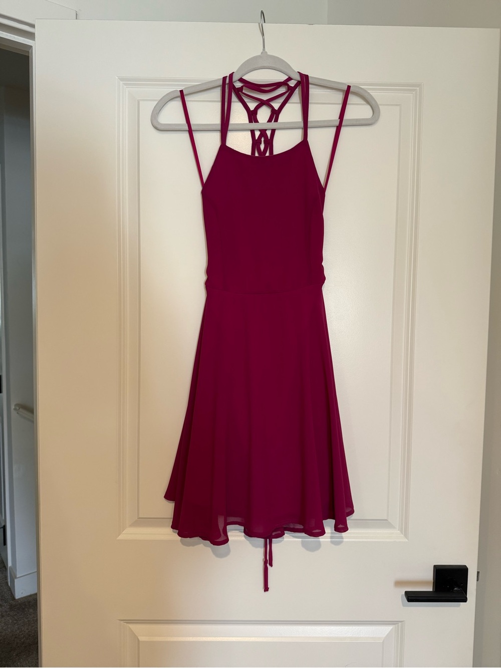 Lulus Women’s Strappy Back Fit-and-Flare Dress in Magenta size Small